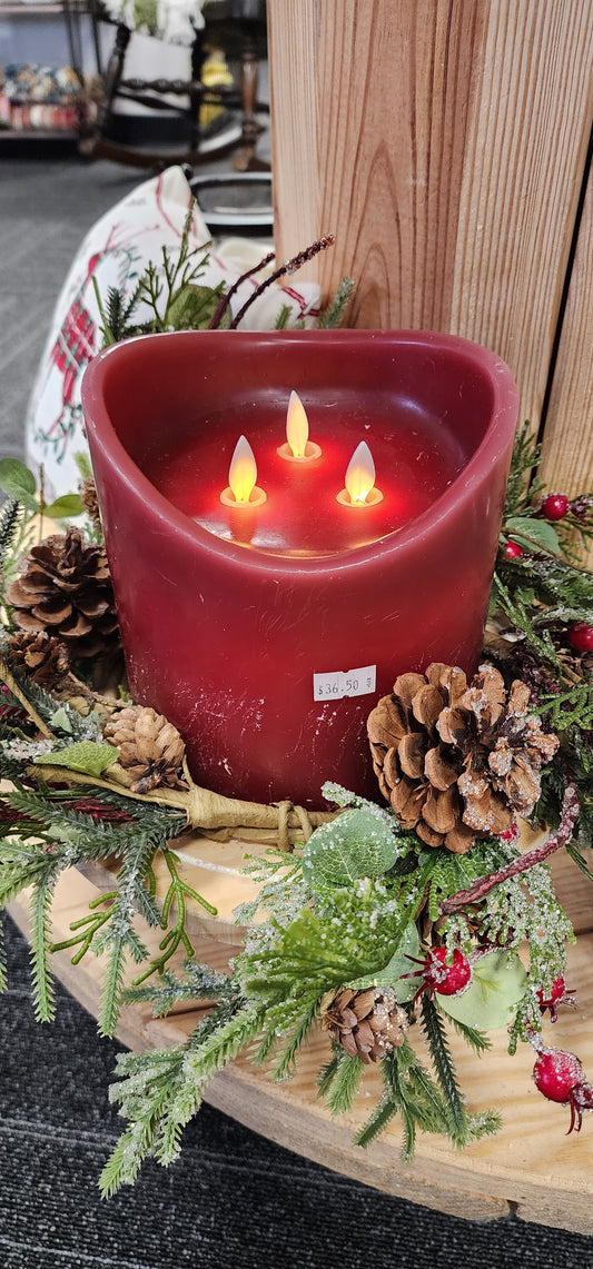 6" x 6" Red Non Drip Moving Flame 3 Wick LED Candle