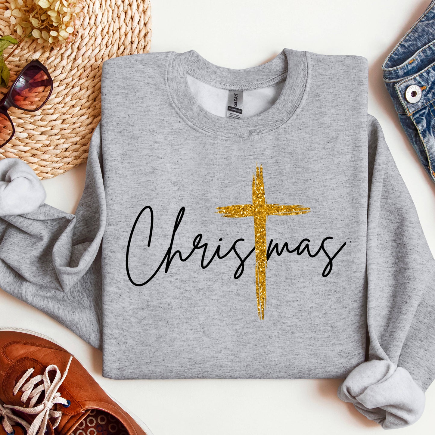Christmas with Gold Cross Sweatshirt