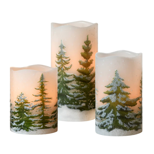 B/O Led Wax Candles, Green Pines