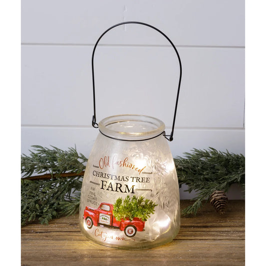 Frosted Glass Luminary w/ Handle - Christmas Tree Farm