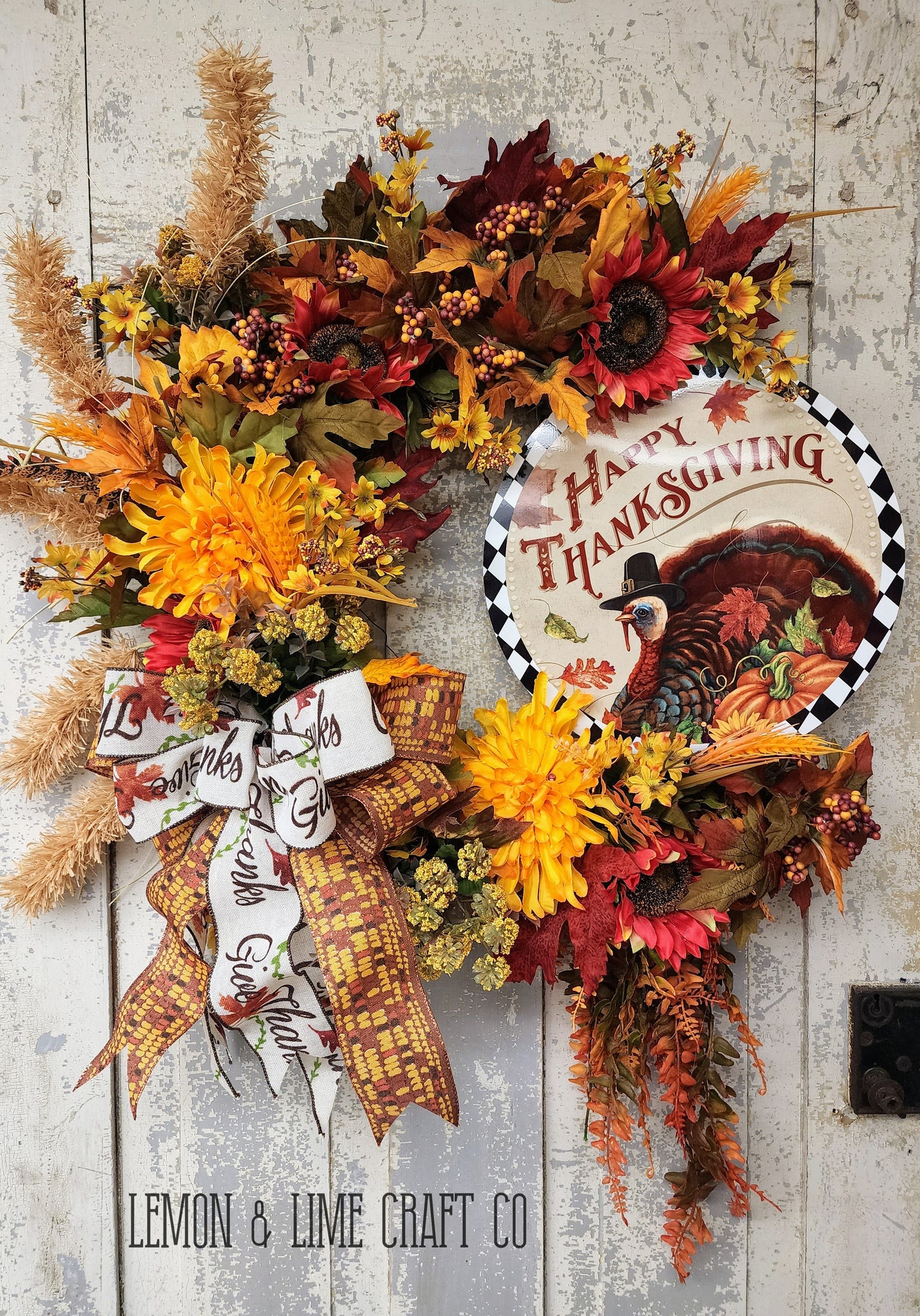 Happy Thanksgiving Turkey Floral Grapevine Wreath