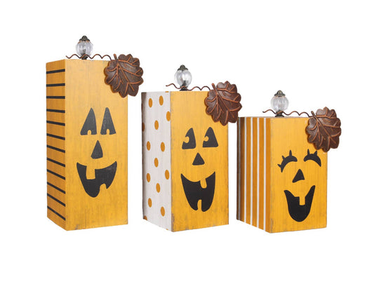 Jack-o-lantern Wood Block Pumpkin with Crystal Knob