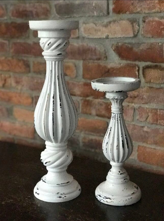 White Distressed Pillar Candleholder Set of 2