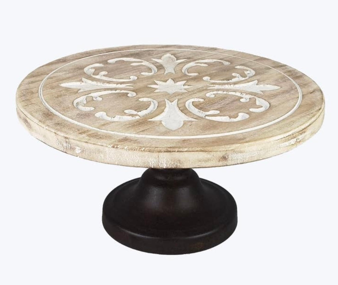 Tabletop Wood Carved Pedestal on Metal Stand