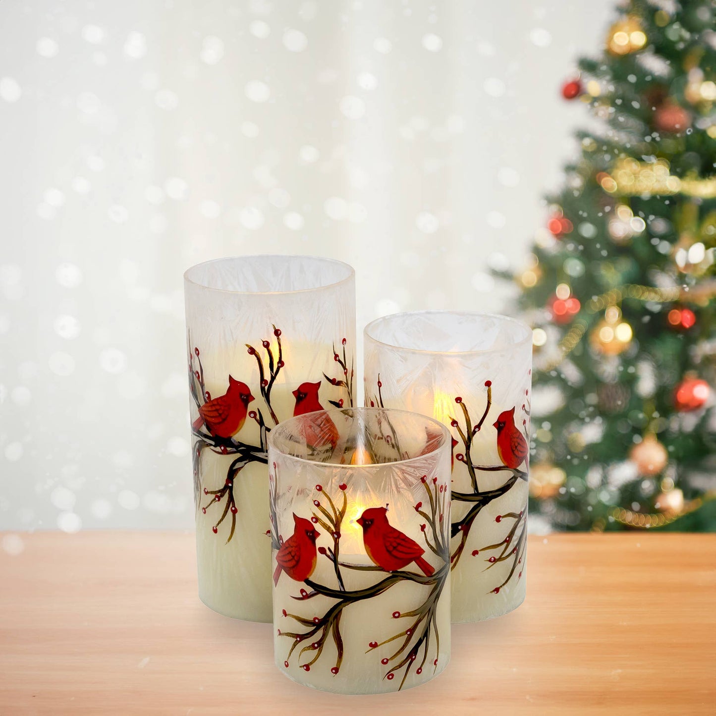 Battery-Operated Glass/Wax Candles- Red Cardinals, 3ct