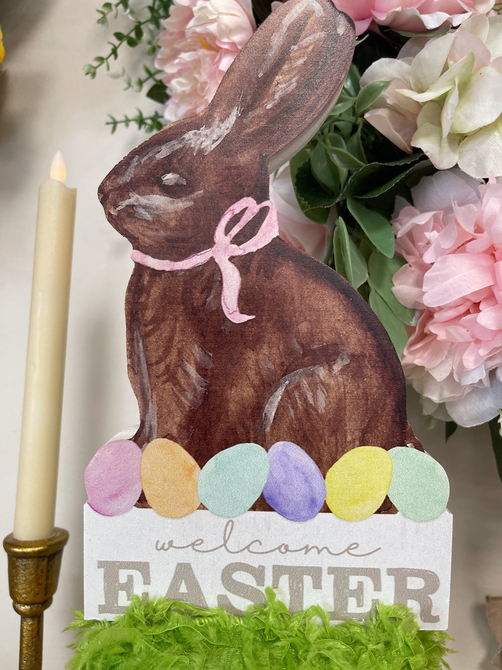 Pink Welcome Easter Candle Holder with Chunky Wooden Bunny