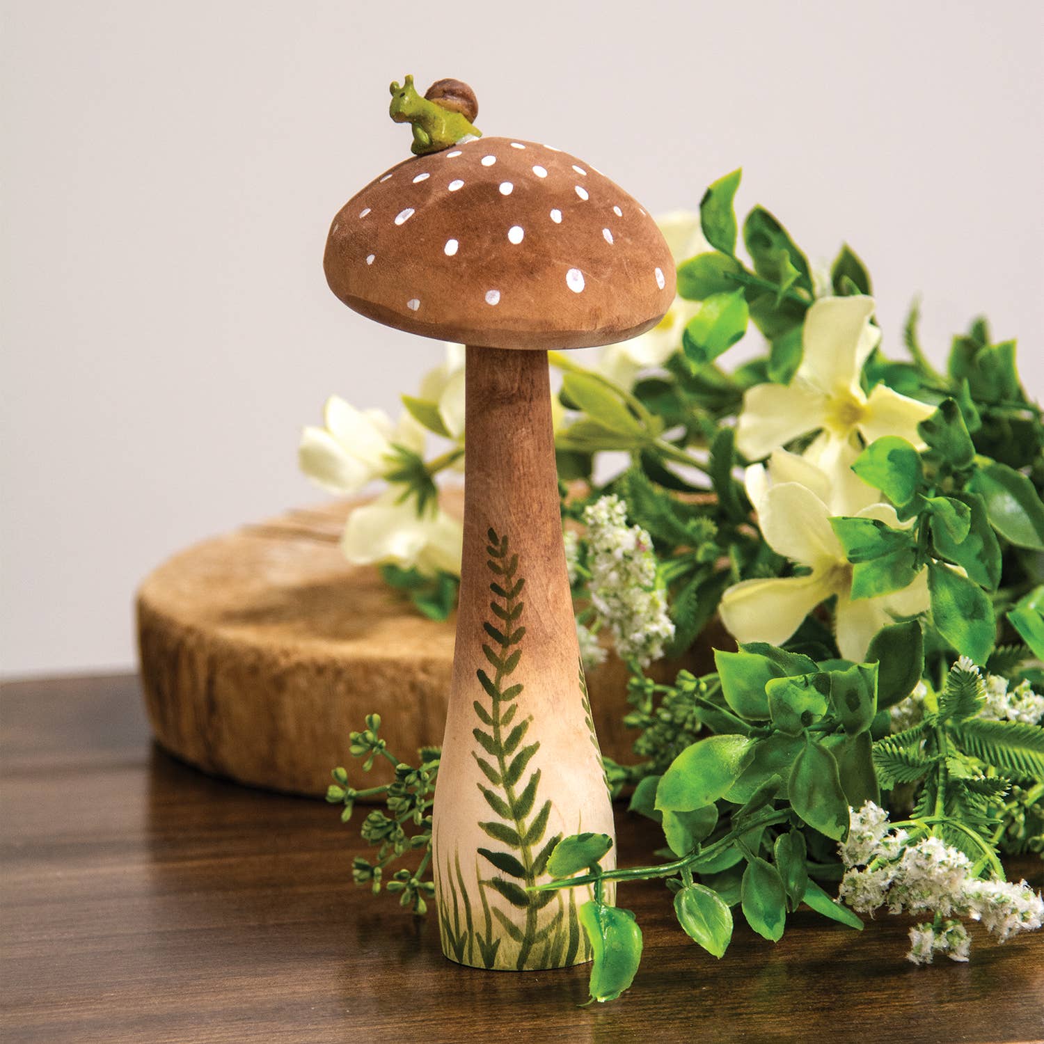Wooden Handpainted Mushroom Sitter with Snail - 7.5"H