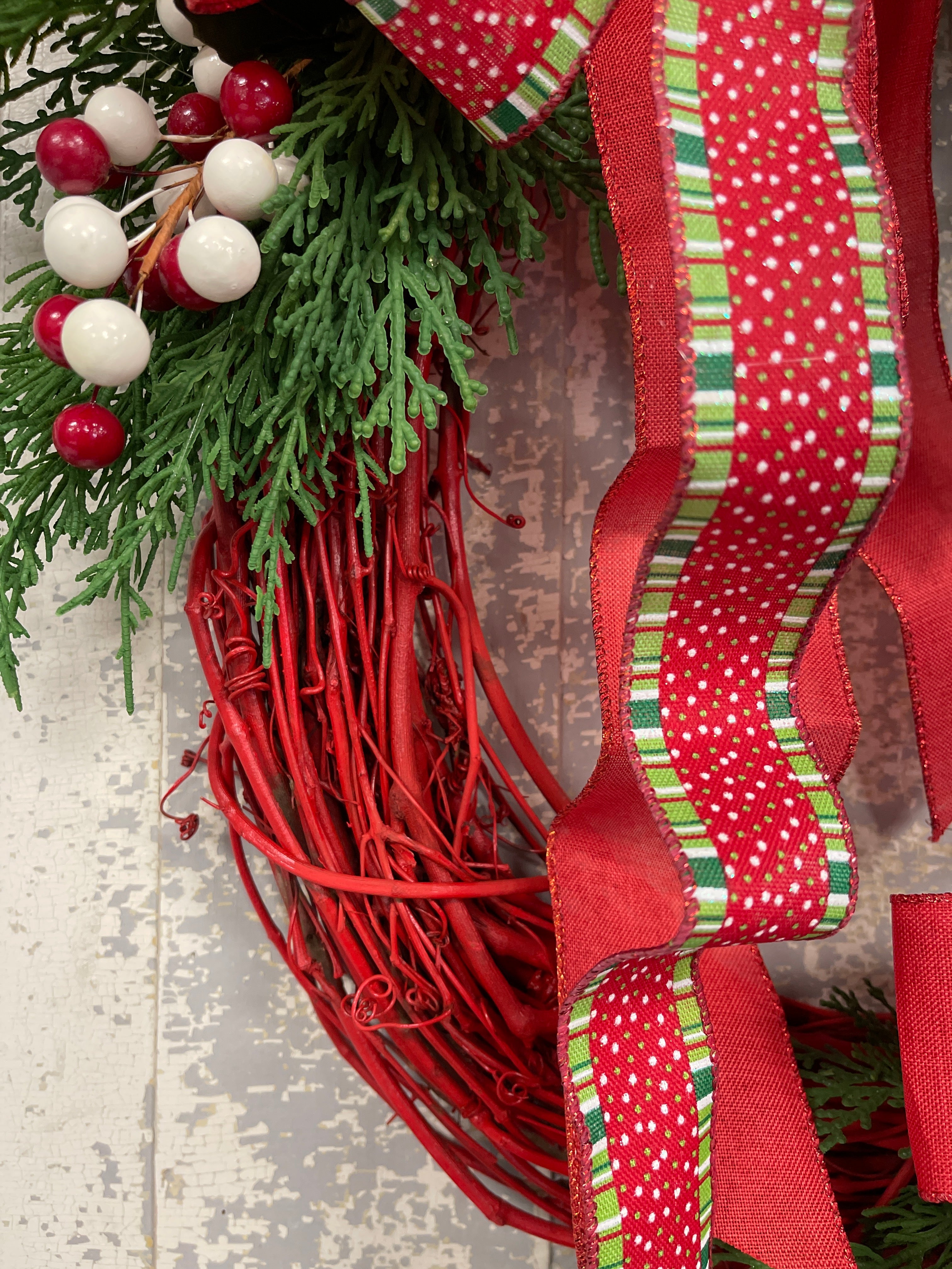 Red and Green Holiday Wreath with Double Bow and Berries