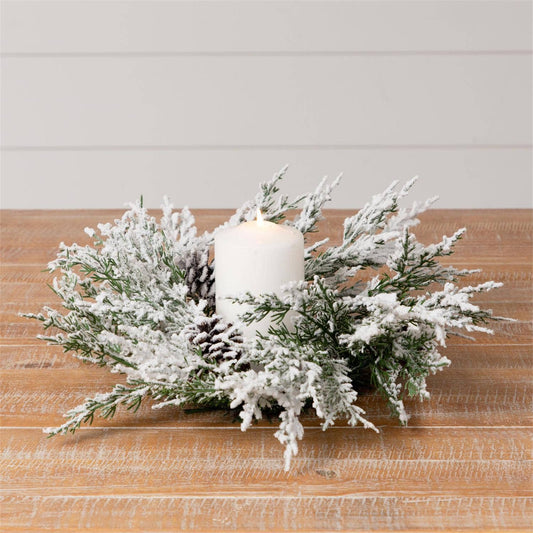 Candle Ring - White Flocked With Pinecones