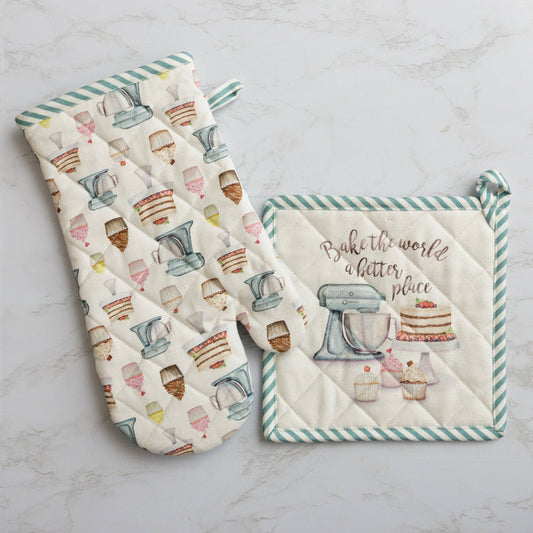 Oven Mitt And Pot Holder - Mixer And Cupcakes