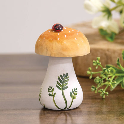 Wooden Handpainted Spotted Mushroom Sitter with Ladybug