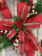 Red and Green Holiday Wreath with Double Bow and Berries