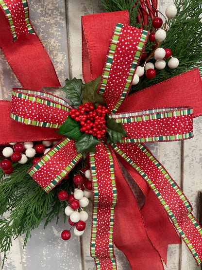 Red and Green Holiday Wreath with Double Bow and Berries