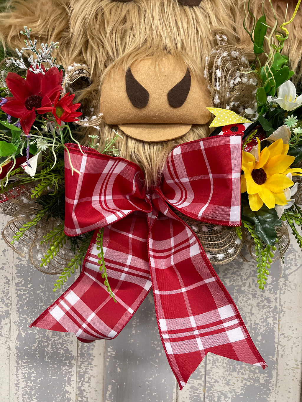 Floral Highland Cow Wreath with Bow