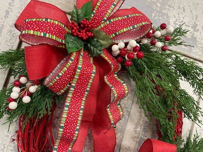 Red and Green Holiday Wreath with Double Bow and Berries