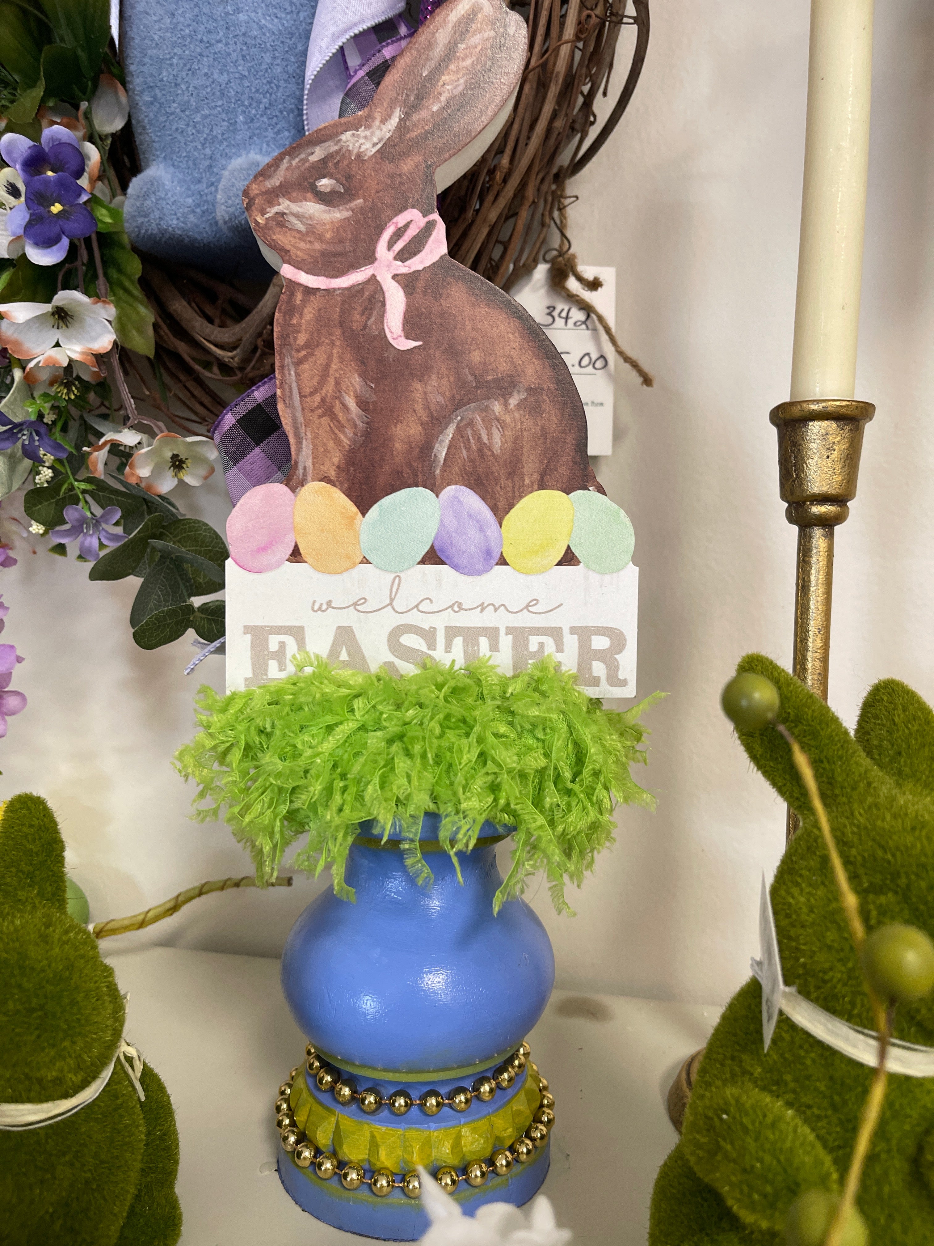 Purple Welcome Easter Chunky Bunny Wooden Candleholder