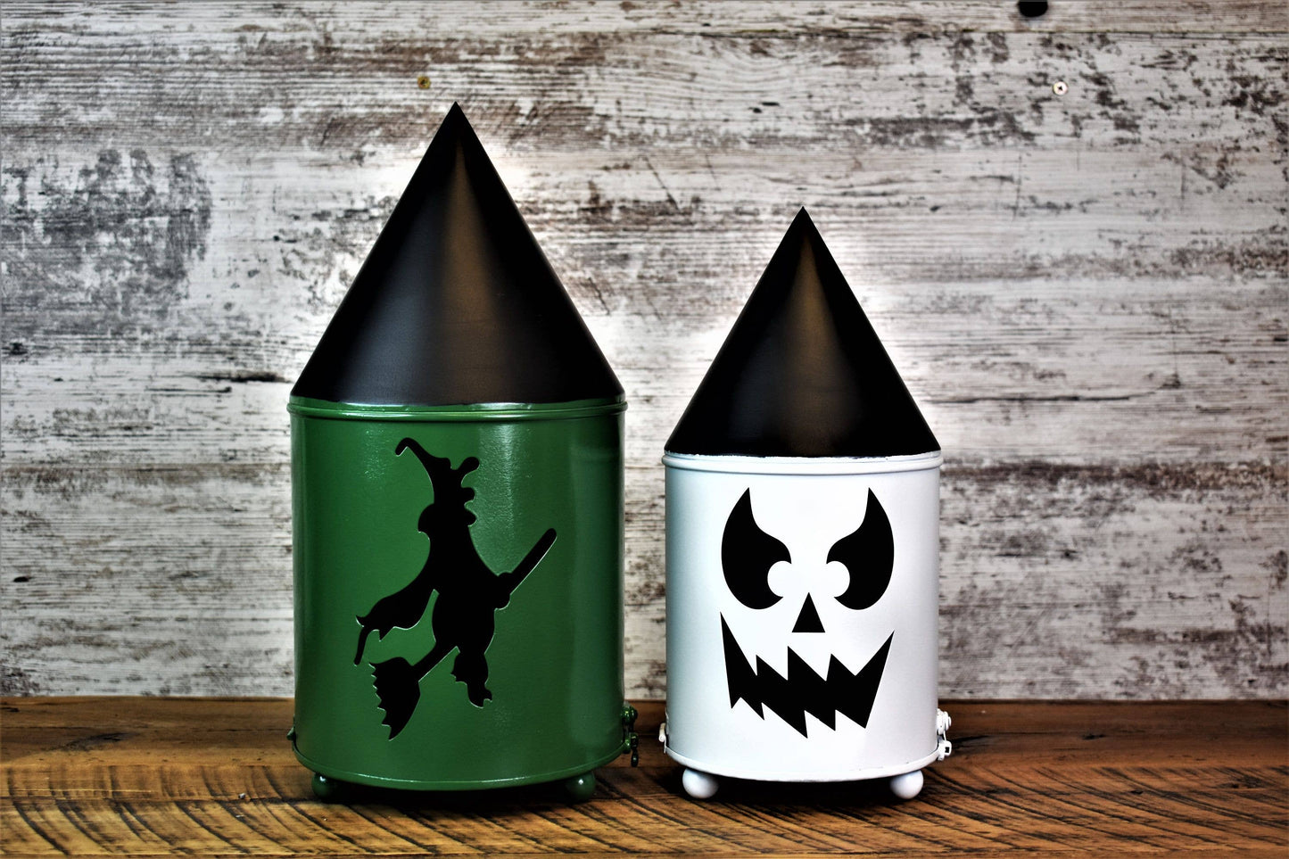 Green Witch and White Jack O Lantern Metal Halloween Decor