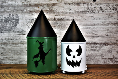 Green Witch and White Jack O Lantern Metal Halloween Decor