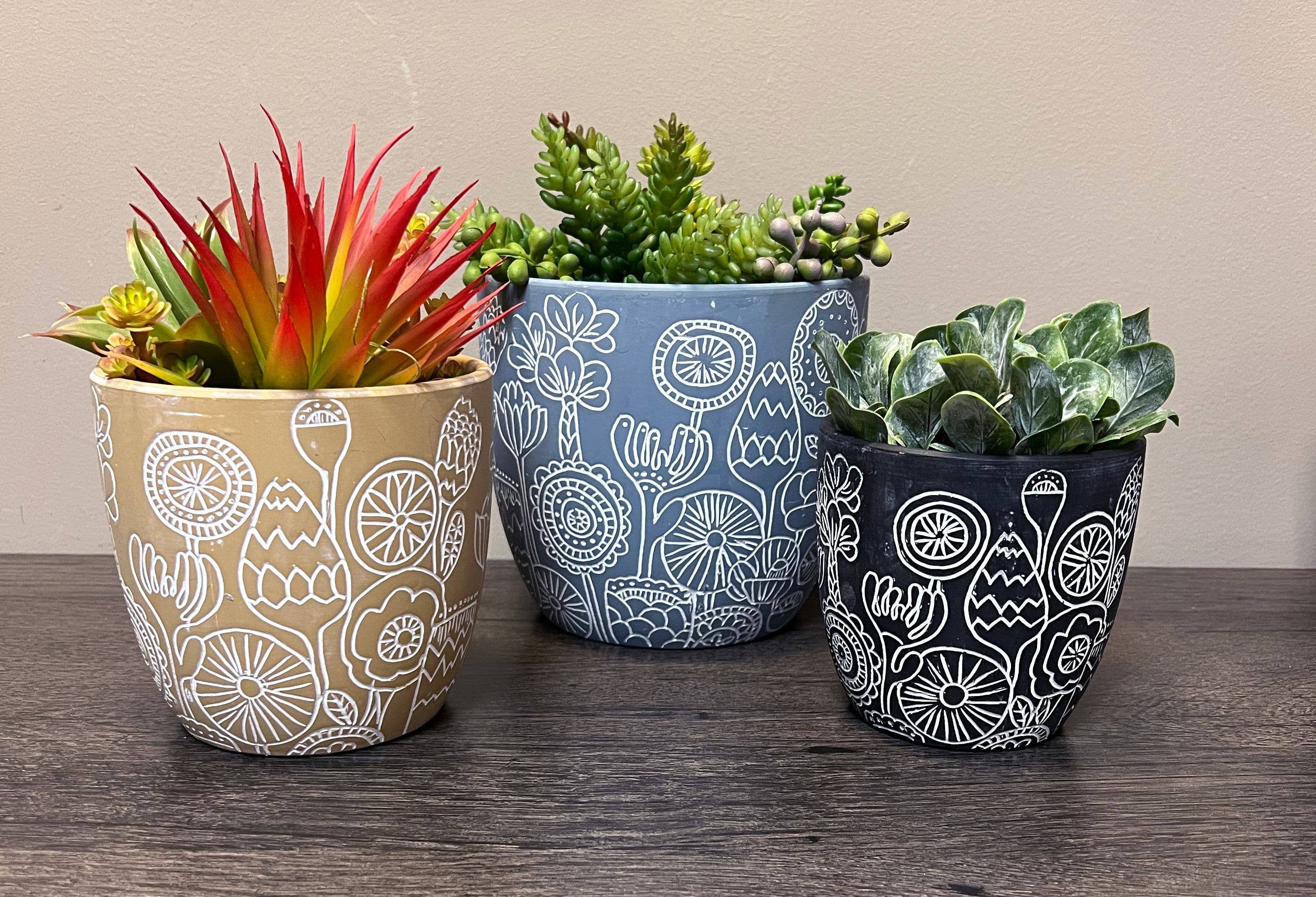 large painted plant pots Large Floral Engraved Planter – Lemon & Lime Craft Co