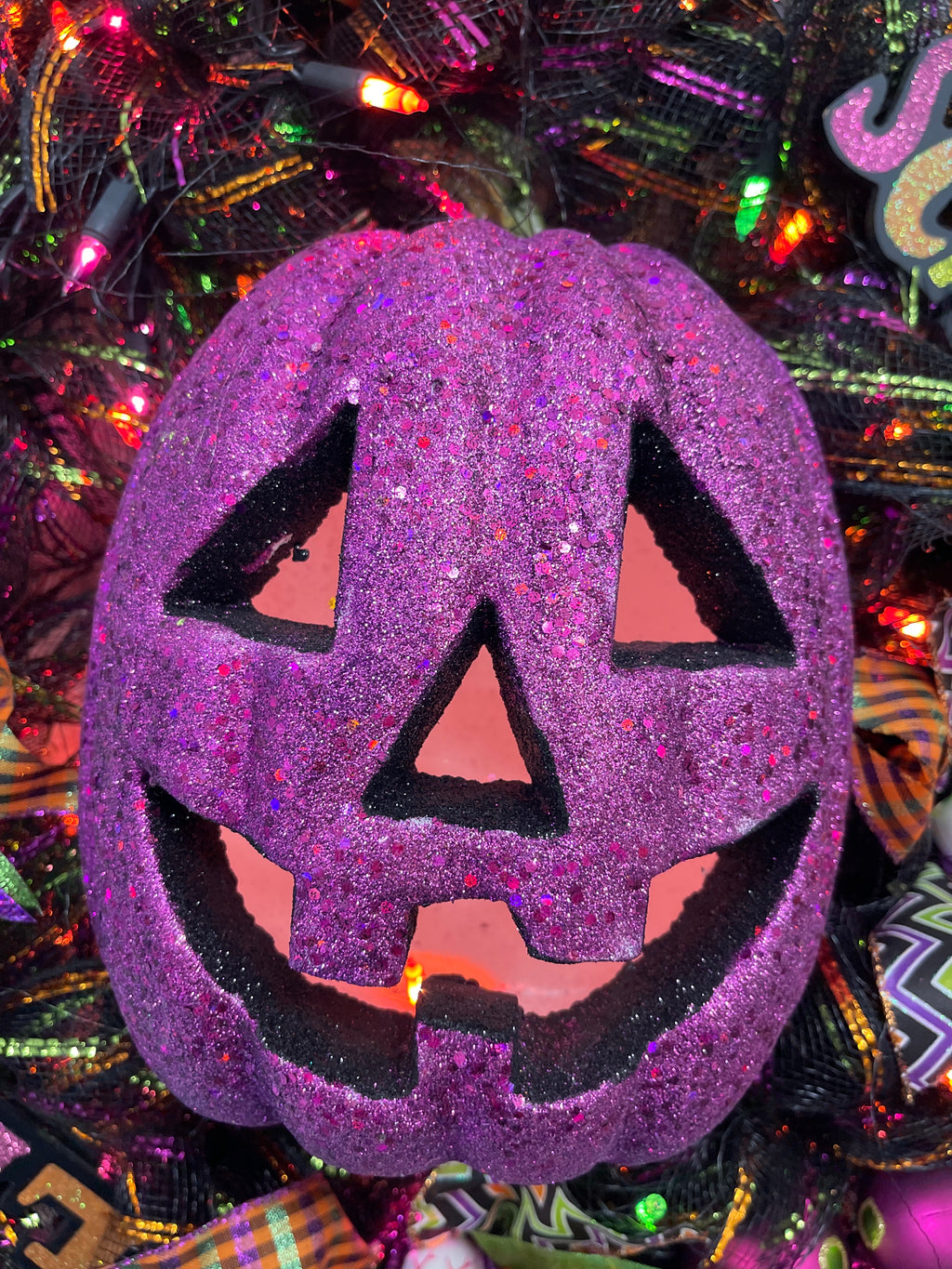 Purple Pumpkin Lighted Halloween Wreath