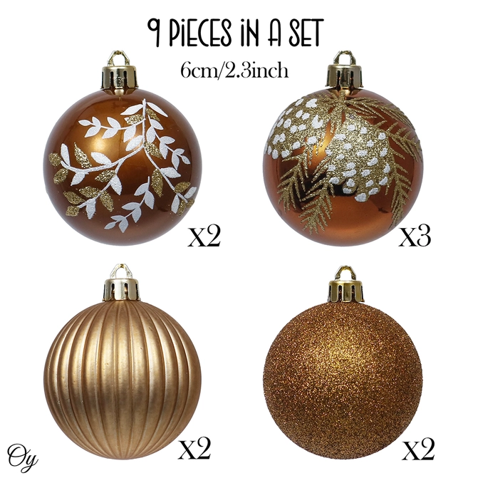 Fall Inspired Bronze Gold 9 Piece Christmas Ornament Bundle