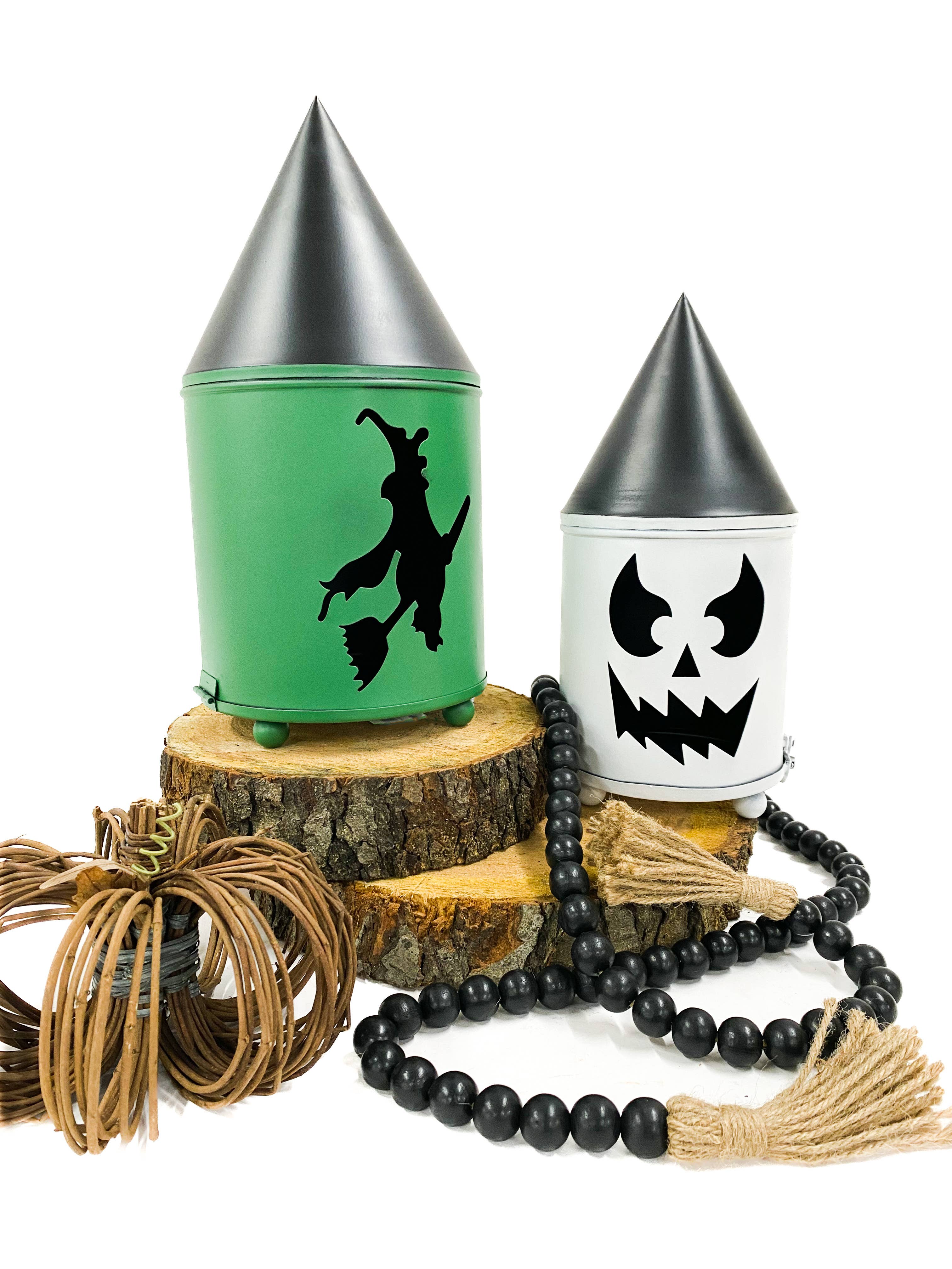Green Witch and White Jack O Lantern Metal Halloween Decor