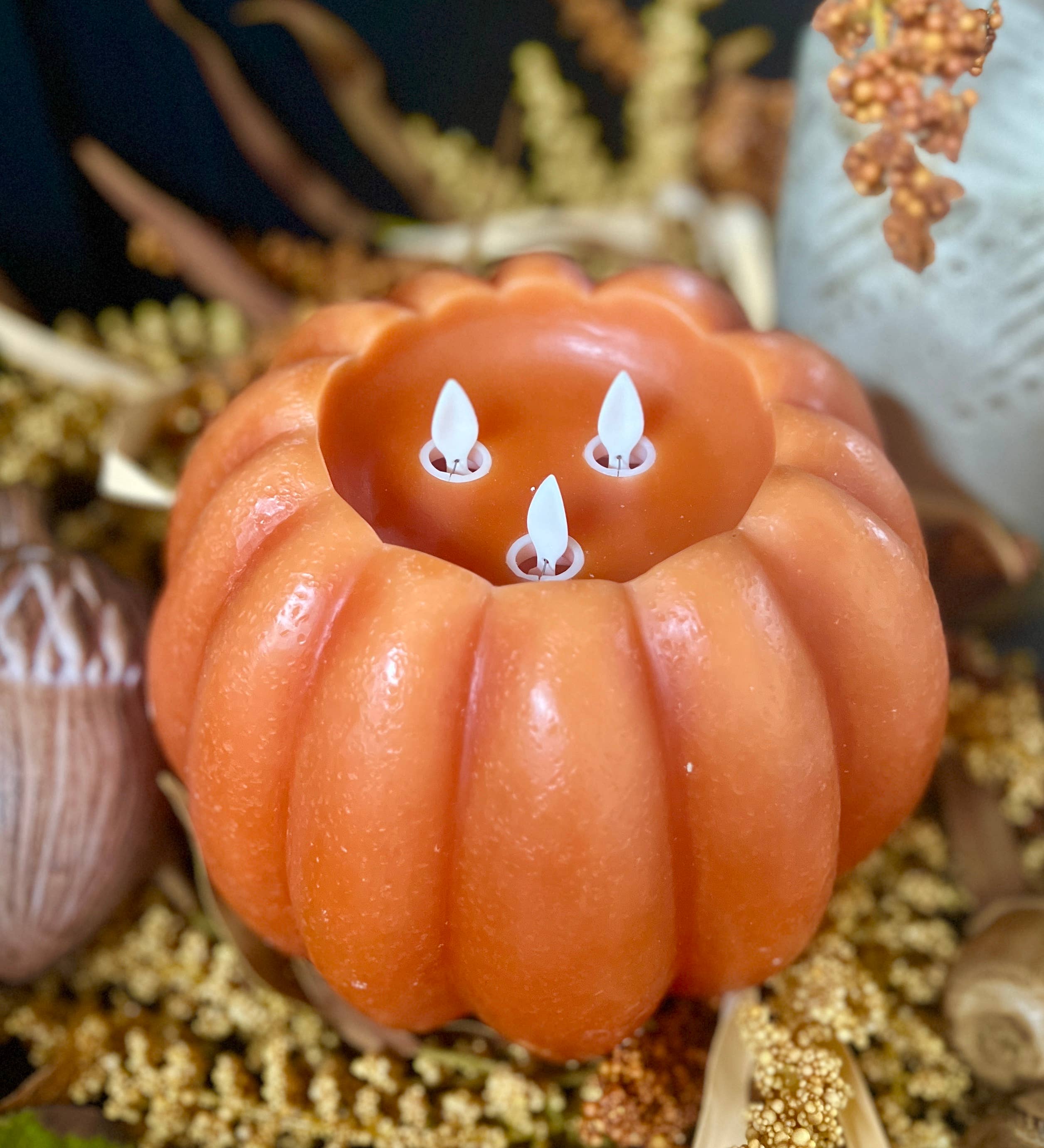 Orange Pumpkin Carved Moving Flame LED Candle 8x6in