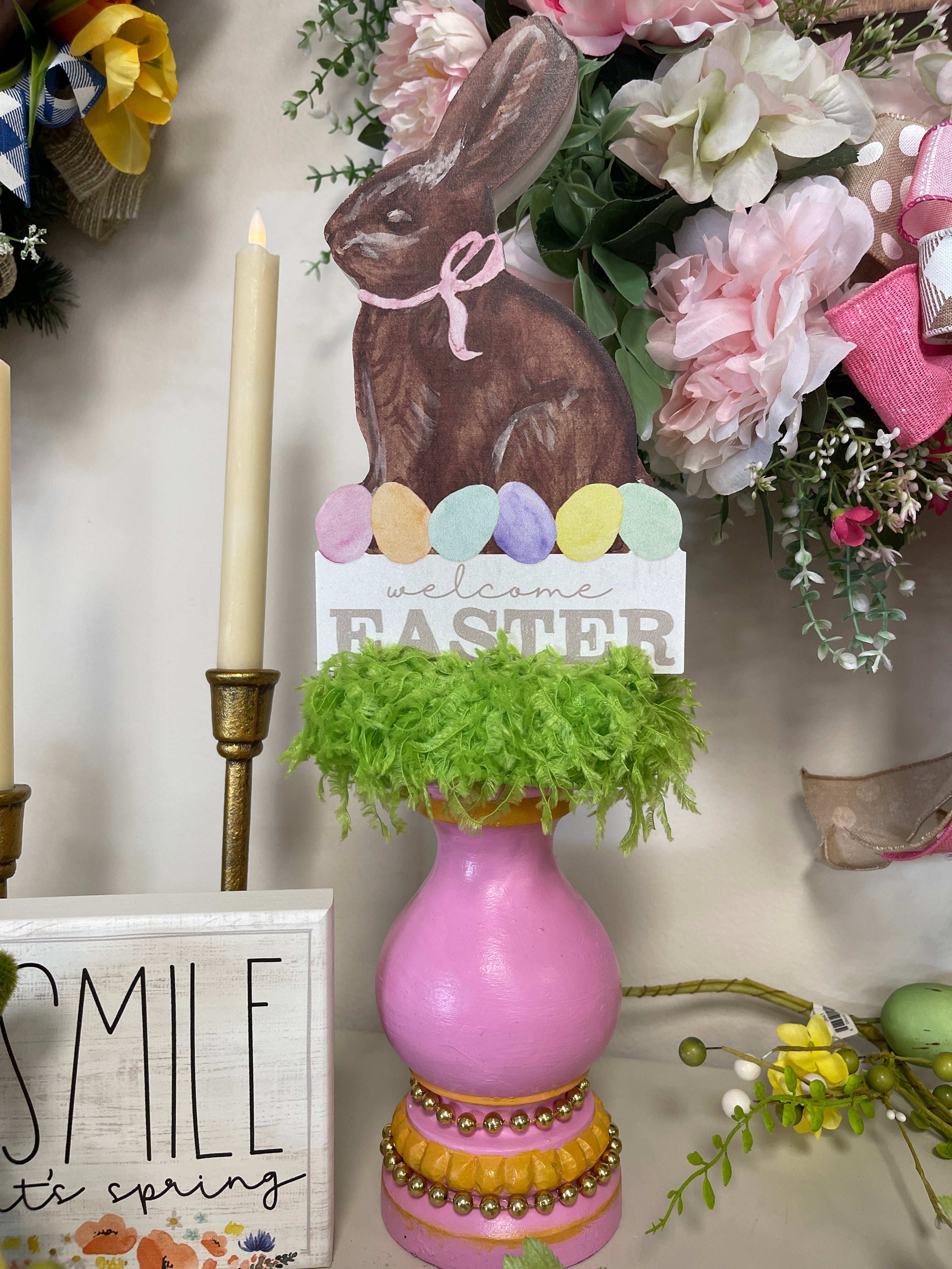 Pink Welcome Easter Candle Holder with Chunky Wooden Bunny