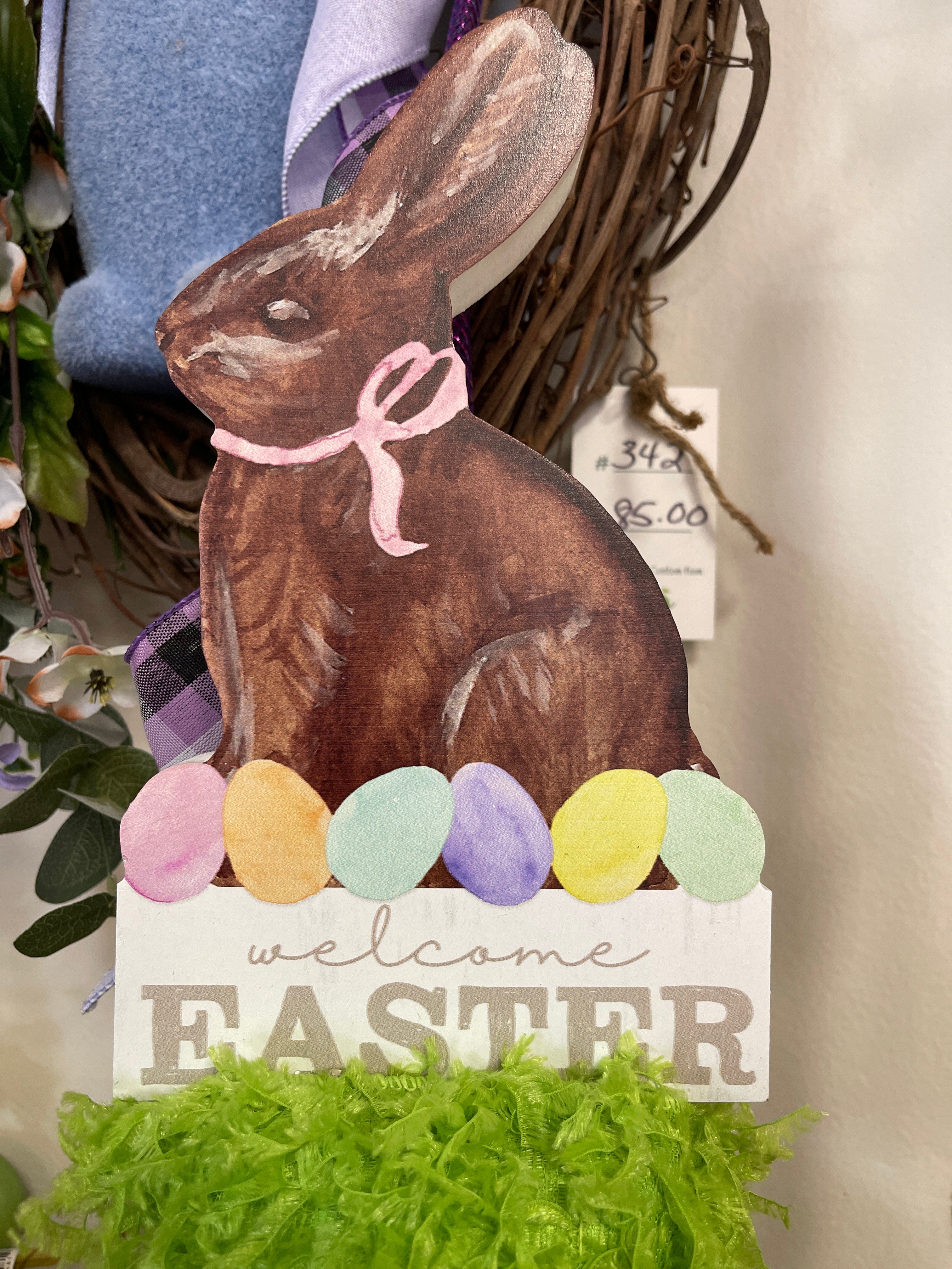 Purple Welcome Easter Chunky Bunny Wooden Candleholder