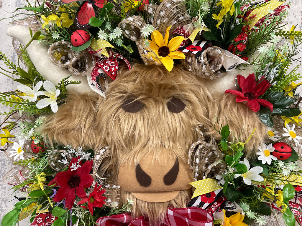 Floral Highland Cow Wreath with Bow