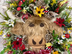 Floral Highland Cow Wreath with Bow