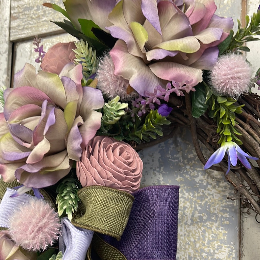Purple Rose Oval Grapevine Wreath