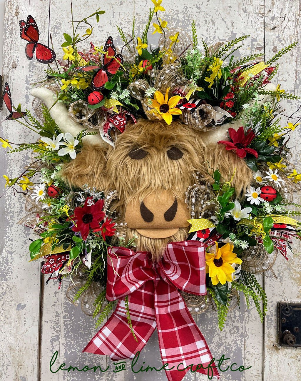 Floral Highland Cow Wreath with Bow