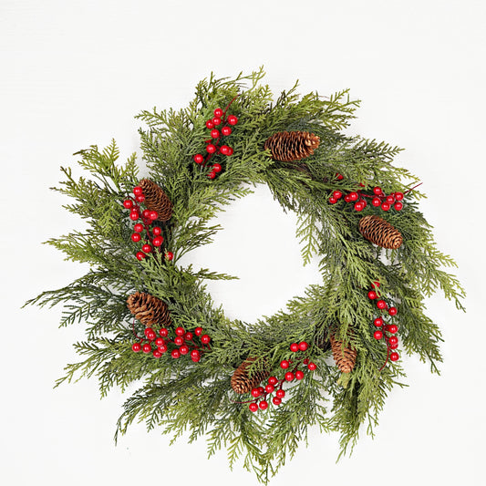22" Twig Wreath - Superior Real Touch Cedar Mix w/ Red Berry