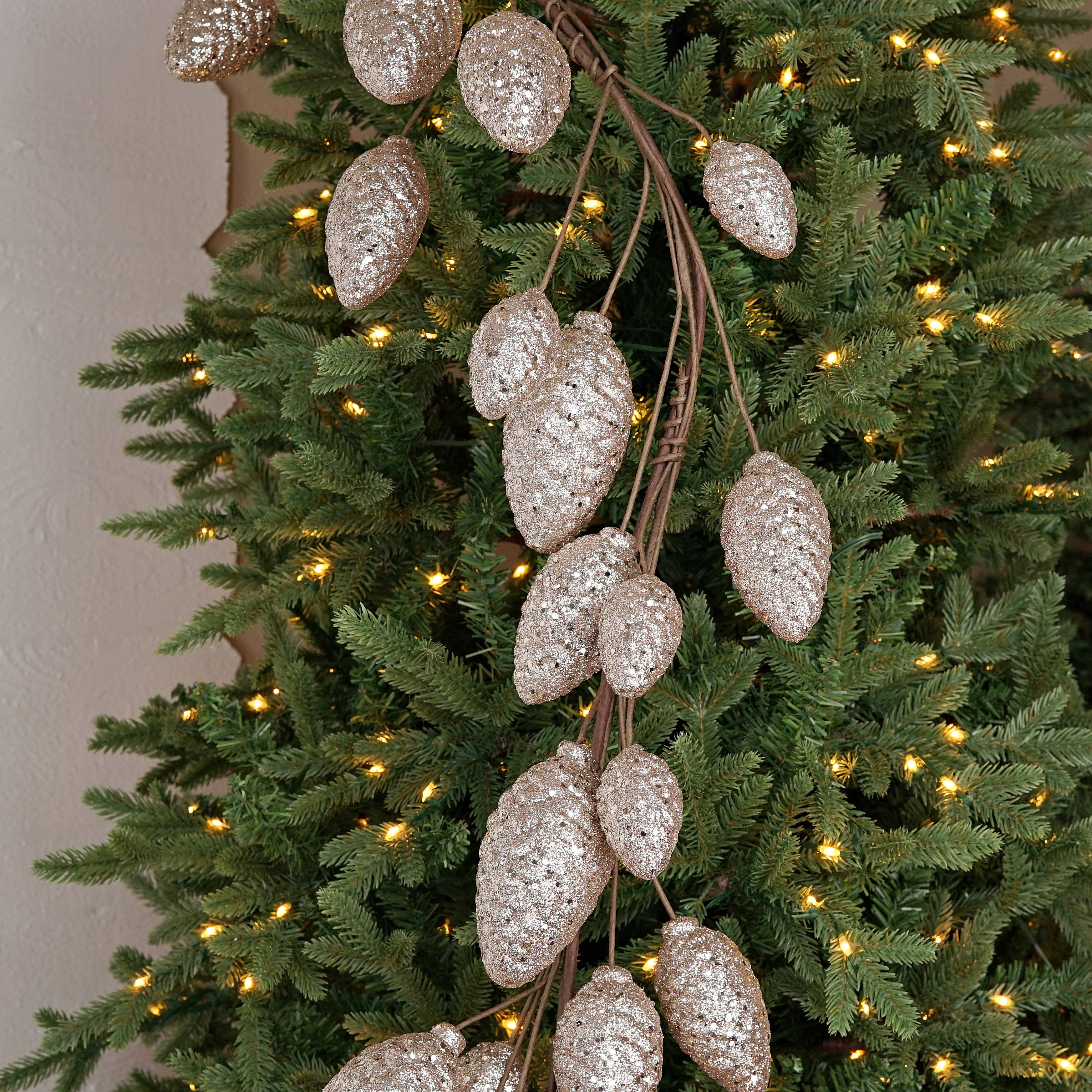 5ft Glitter Pinecone Garland-Champagne