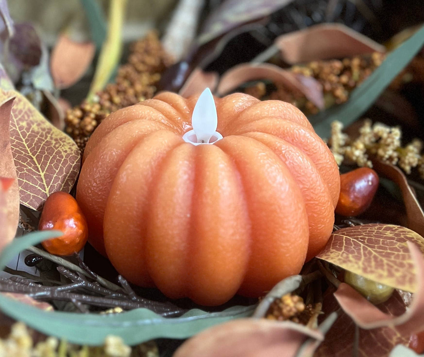 Orange Pumpkin Carved Moving Flame LED Candle - 4.5" x 2.75"