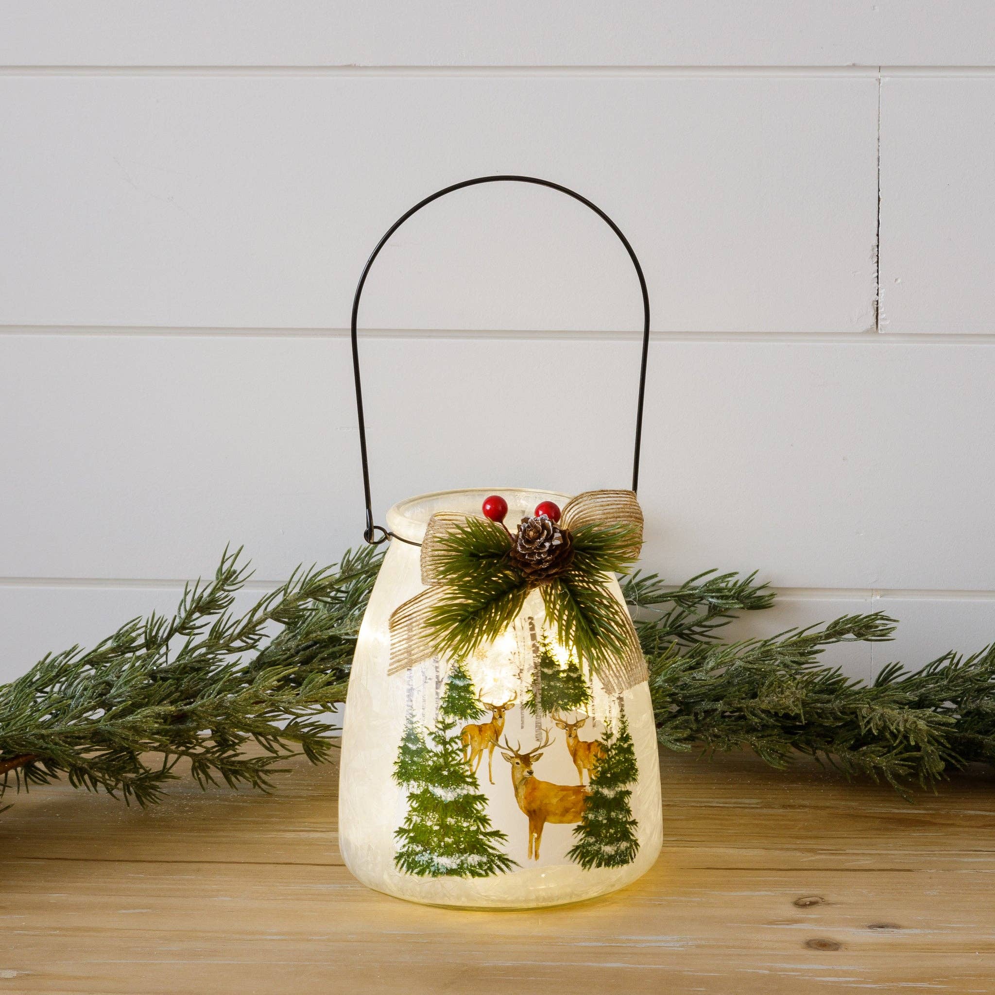 Frosted Glass Luminary with Handle - Deer in Forest