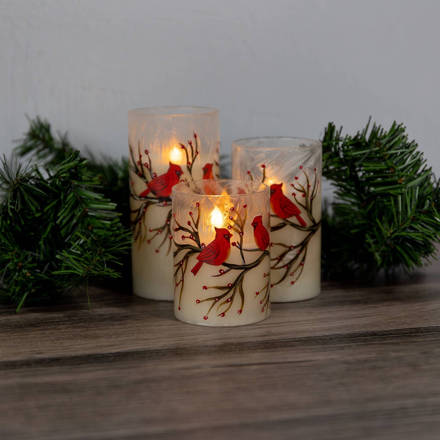 Battery-Operated Glass/Wax Candles- Red Cardinals, 3ct