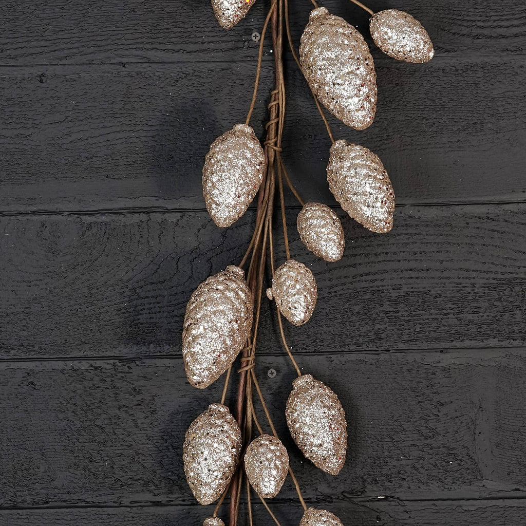 5ft Glitter Pinecone Garland-Champagne