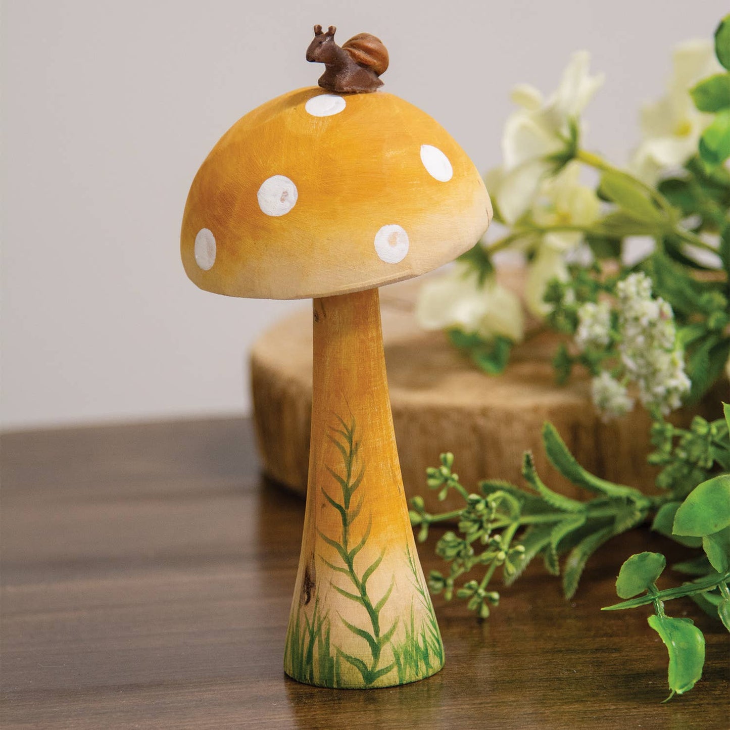 Wooden Handpainted Mushroom Sitter with Snail - 6.5"H