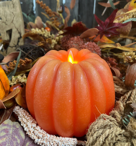 Orange Pumpkin Carved Moving Flame LED Candle - 6" x 5"