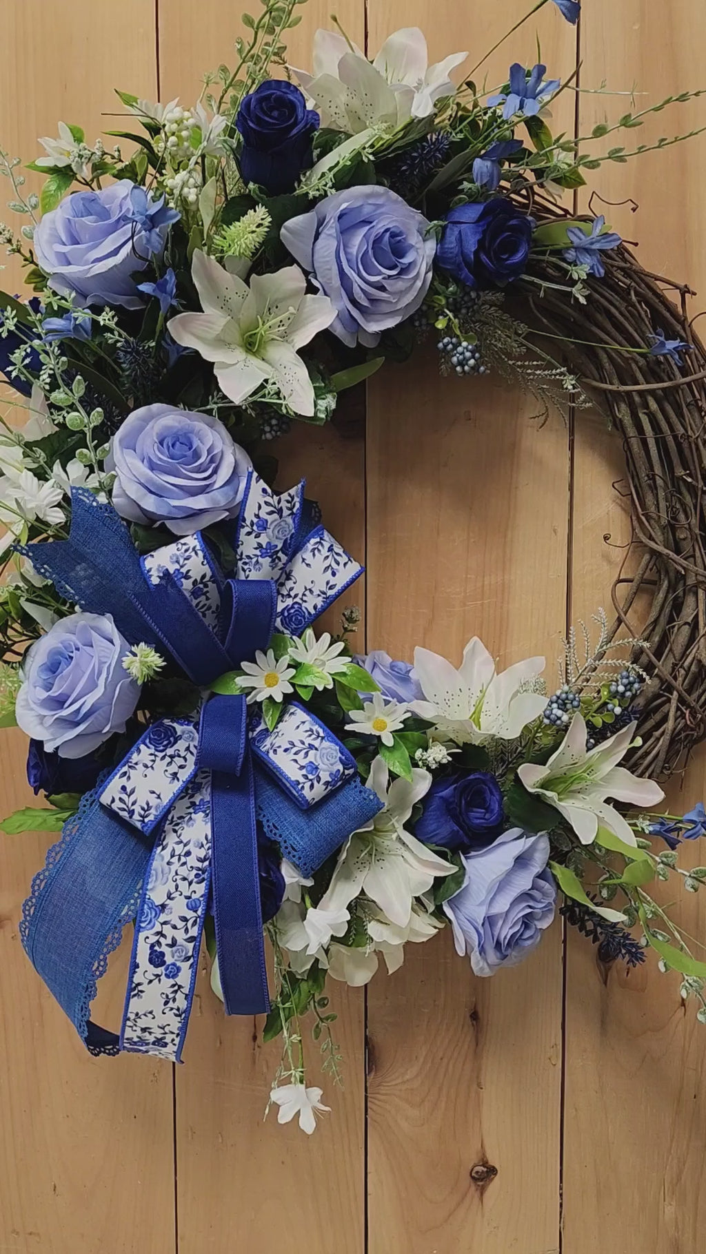 Blue Rose Floral Grapevine Wreath