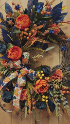 Blue & Orange Fall Floral Grapevine Wreath