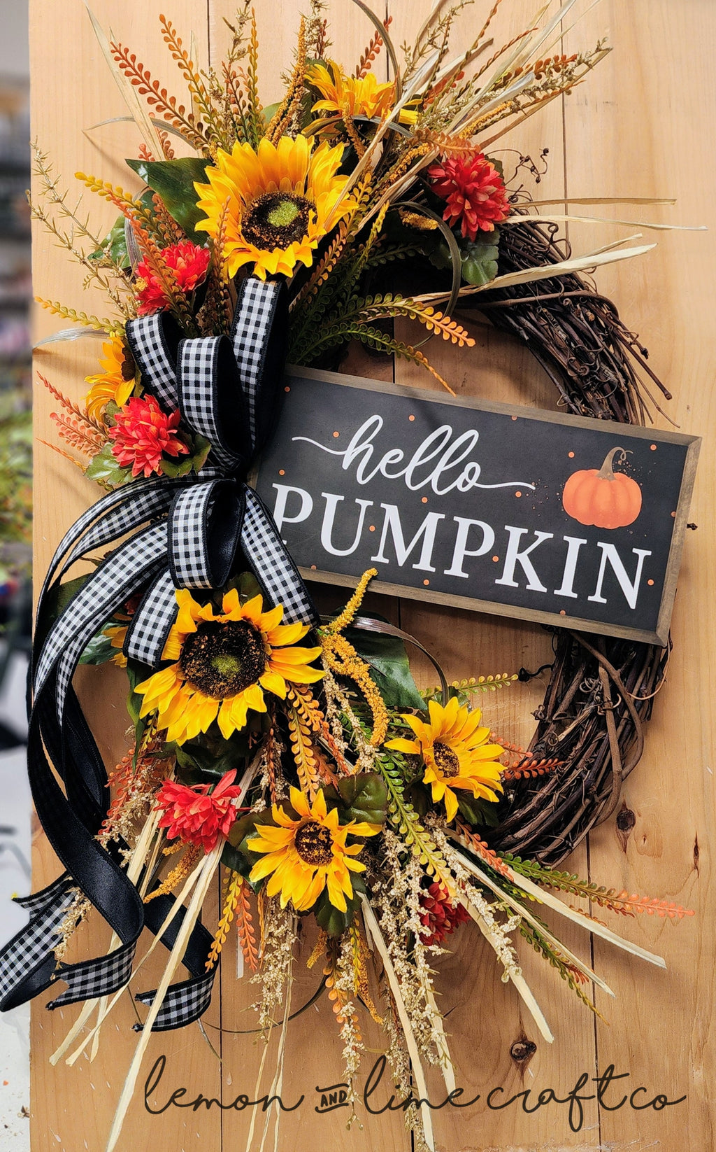 Hello Pumpkin Fall Floral Grapevine Wreath with Plaid Bow