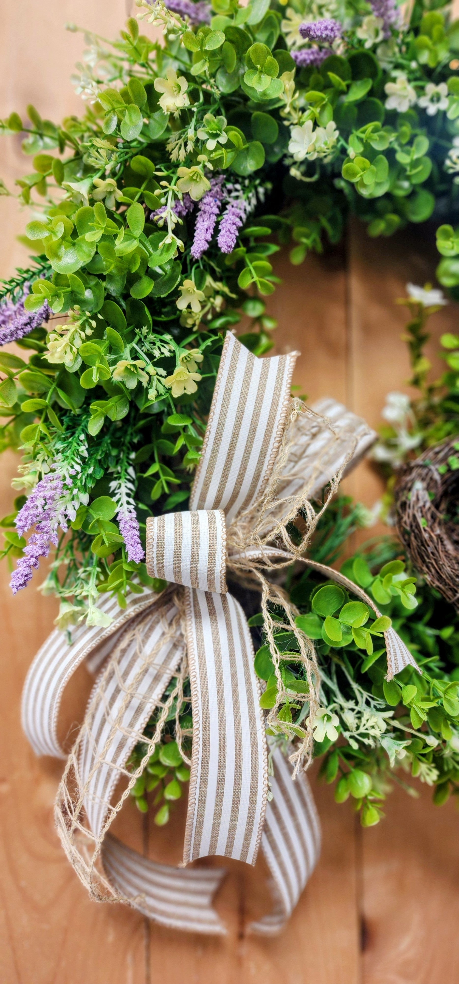Boxwood Lavender Wreath with Nest and Bow