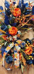 Blue & Orange Fall Floral Grapevine Wreath