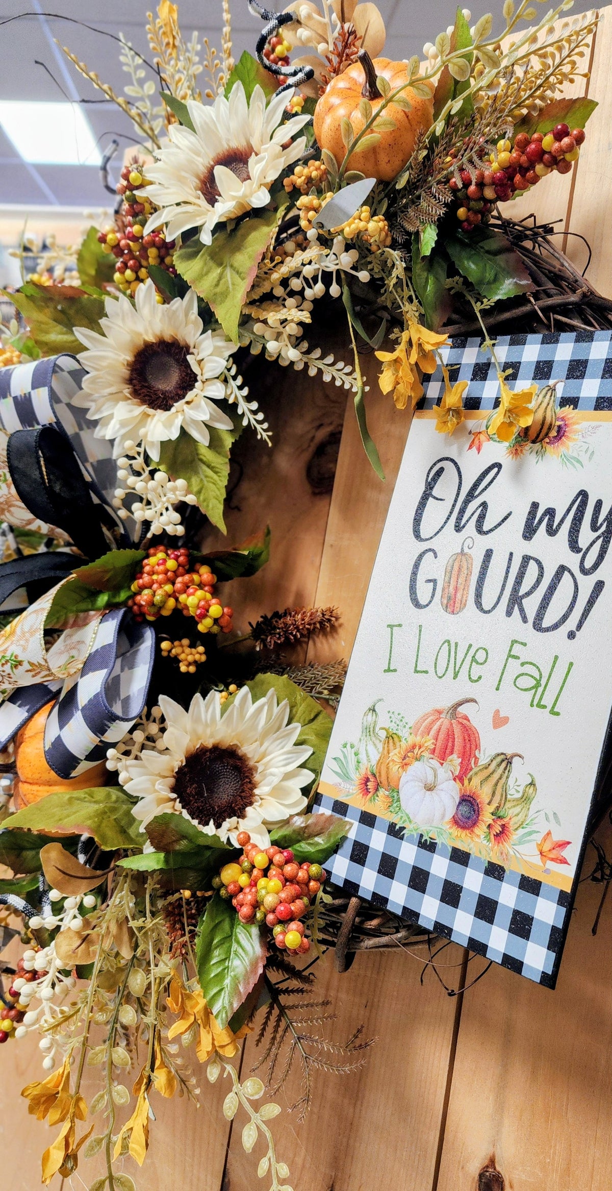 Black and White Plaid Fall Floral Grapevine Wreath with Bow