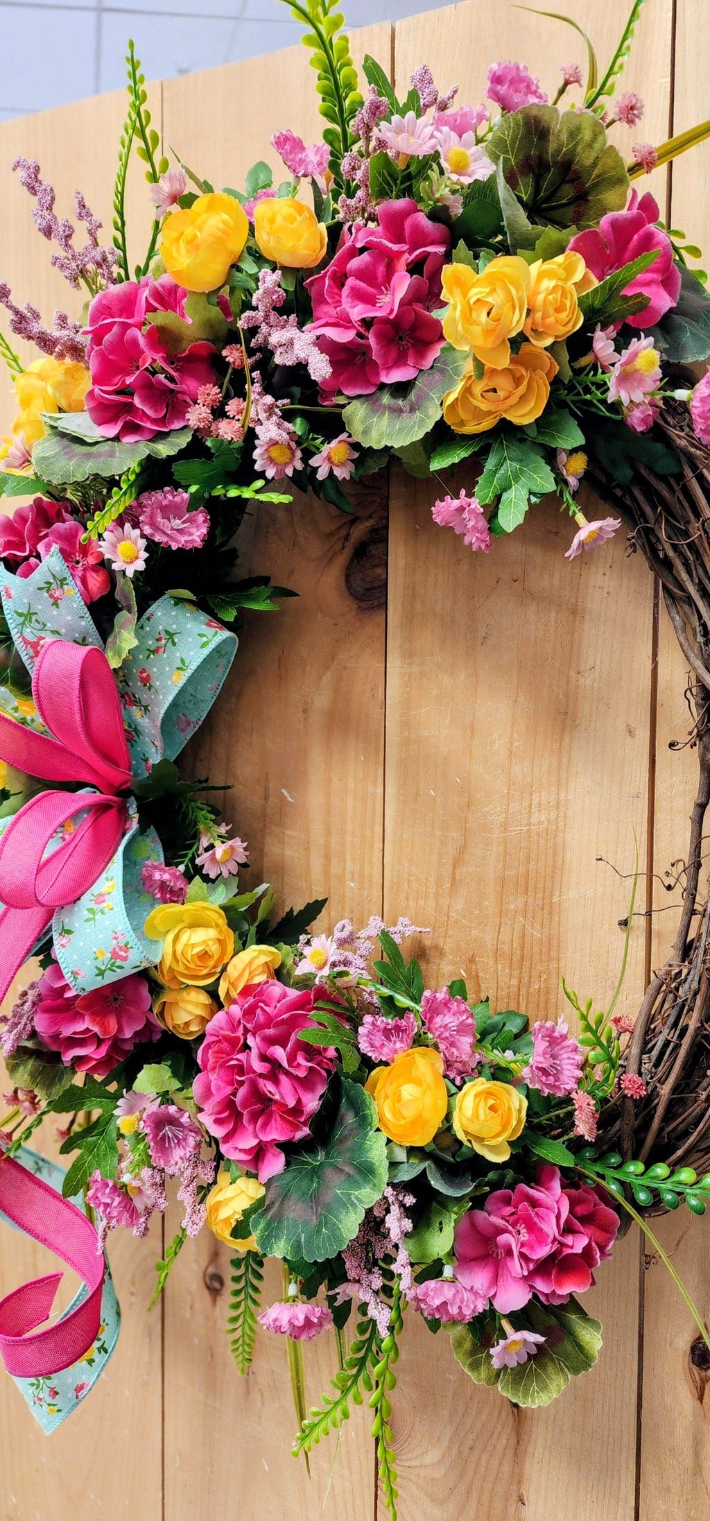 Pink Geranium Floral Grapevine Wreath