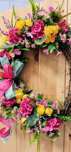 Pink Geranium Floral Grapevine Wreath