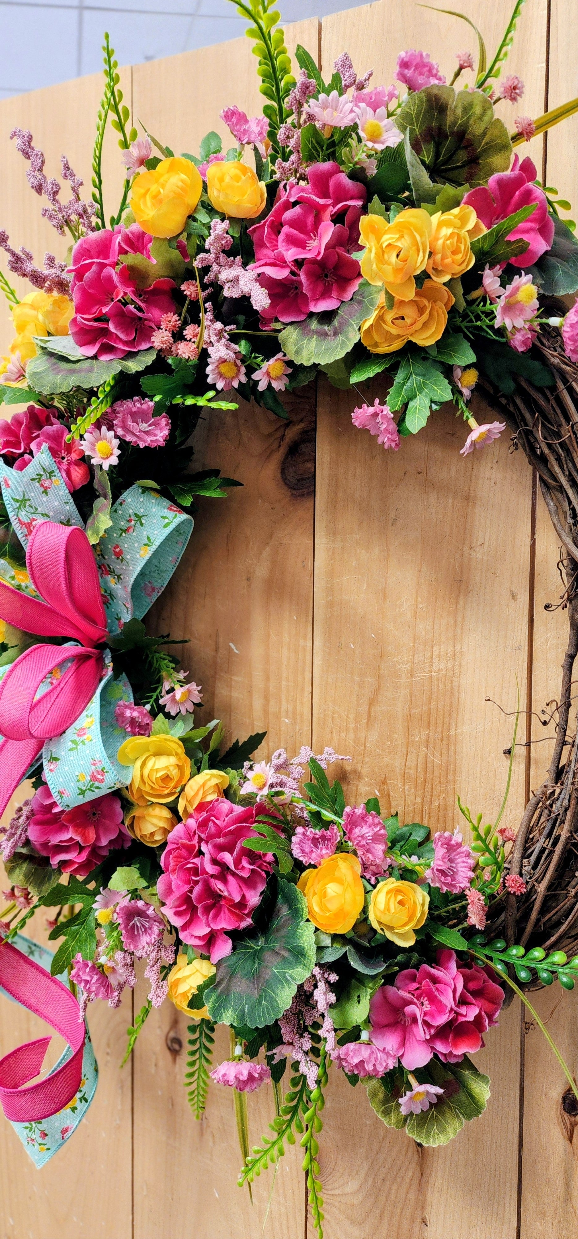 Pink Geranium Floral Grapevine Wreath